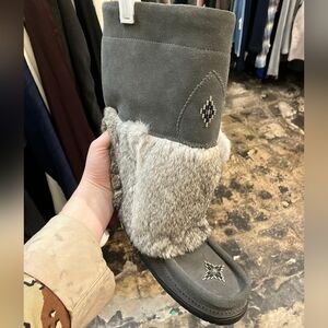 Gray Suede and Fur Winter Boots